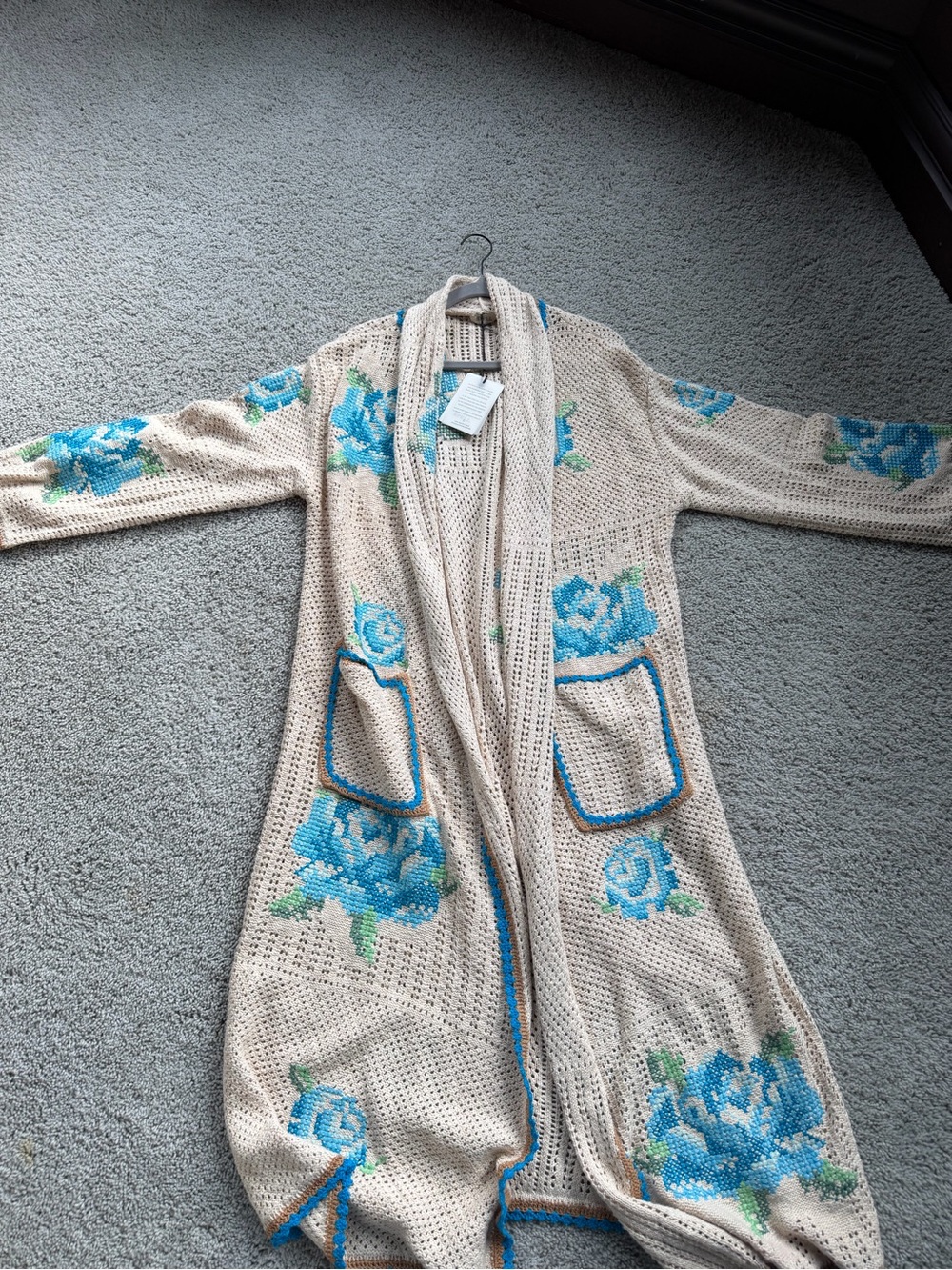 Spell Beige Crochet Cardigan with Blue Floral Embroidery - Picture 2 of 4